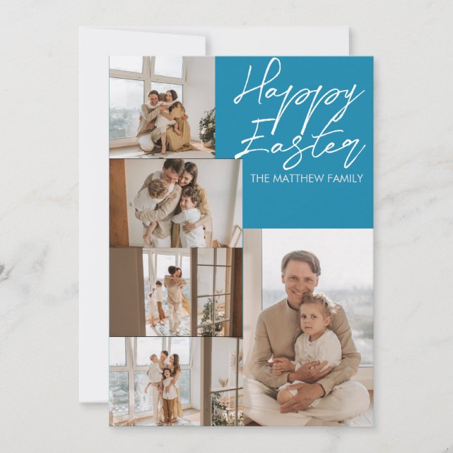 elegant Modern Easter, family five photo collage Holiday Card (Front)