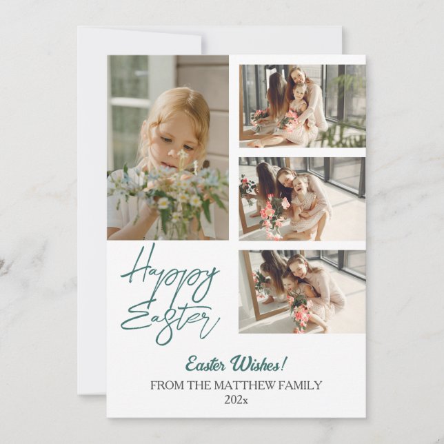 elegant Modern Easter, family four photo collage Holiday Card (Front)