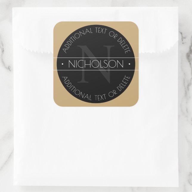 Elegant Modern Editable Monogram Black White Gold Square Sticker (Bag)