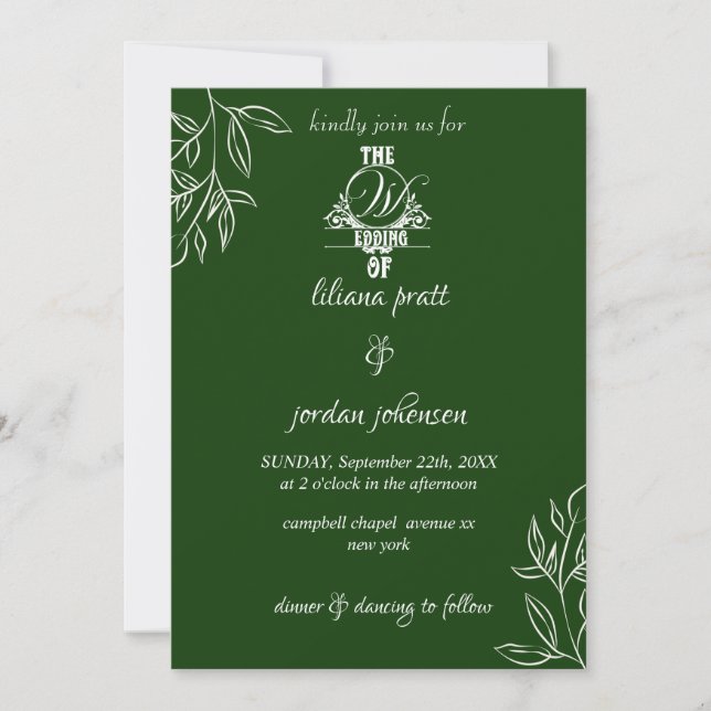 elegant Modern  emerald green wedding In Invitation (Front)