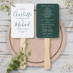 Elegant Modern Emerald Script Wedding Program Hand Fan