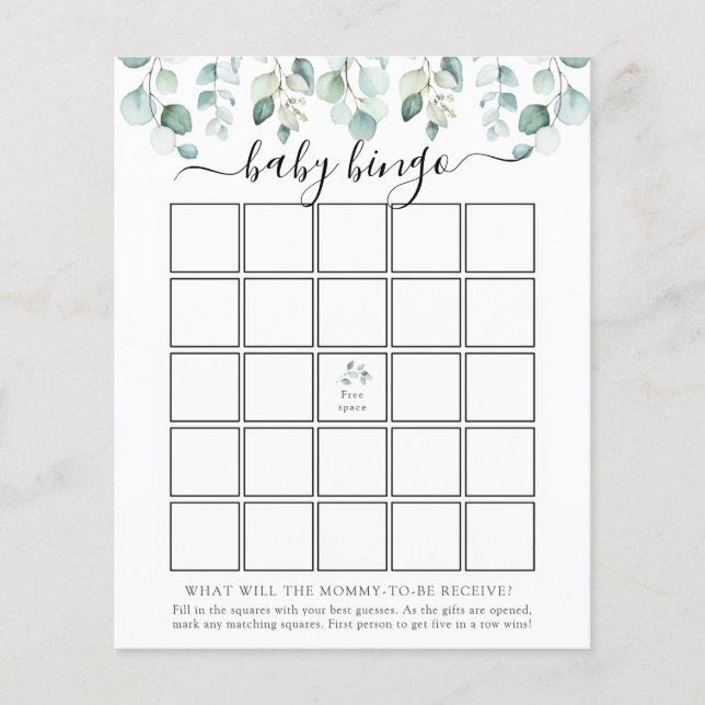 Elegant Modern Eucalyptus Baby Bingo Game Card (Front)