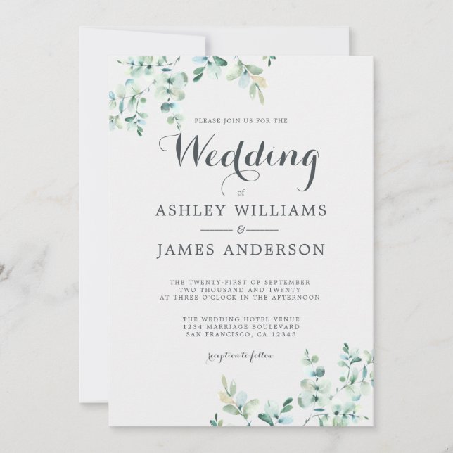 Elegant Modern Eucalyptus Foliage Wedding Invitation (Front)