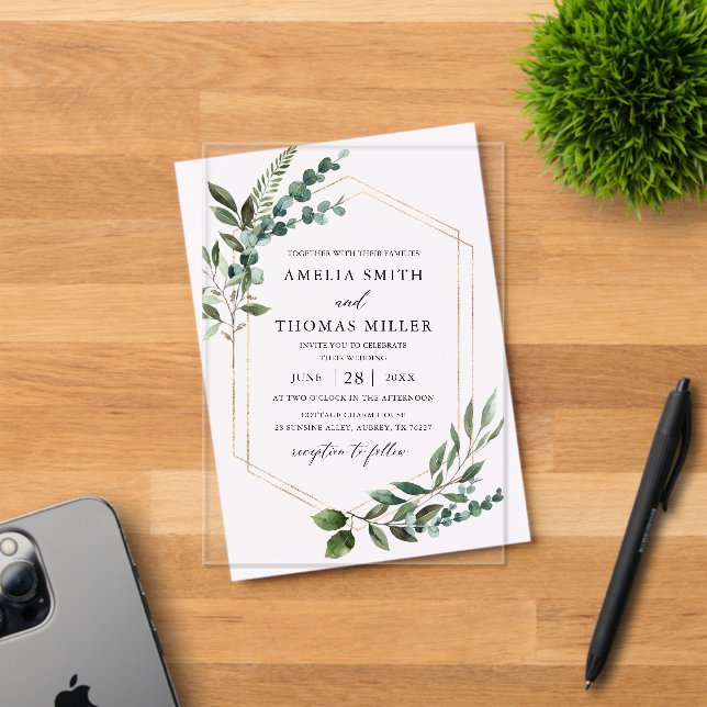 Elegant Modern Eucalyptus Greenery Gold Wedding Acrylic Invitations (Insitu (Invitation Card))