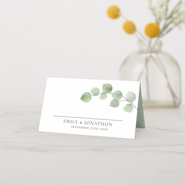 Elegant Modern Eucalyptus Names Date Wedding Place Card (Front)