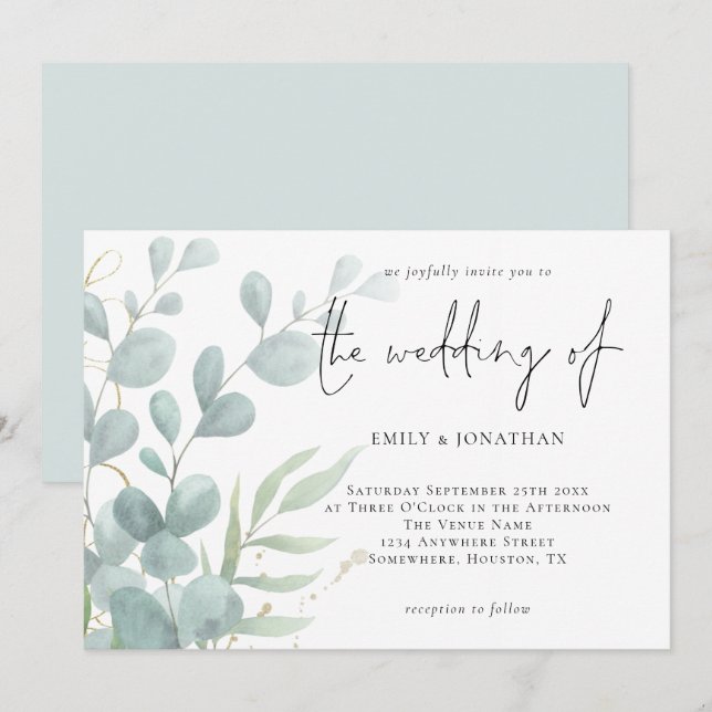 Elegant Modern Eucalyptus Powder Blue Wedding Invi Invitation (Front/Back)
