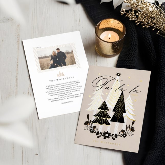 Elegant Modern Fa La La Photo Evergreen Christmas  Foil Holiday Card (Elegant Modern Fa La La Photo Evergreen Christmas Foil Holiday Card (Front & Back))