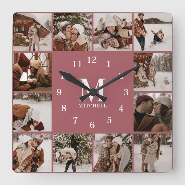 Elegant Modern Family 12 Photo Collage Monogram Square Wall Clock (Front)