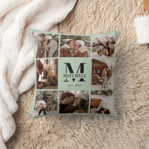 Elegant Modern Family Photo Collage Sage Green Cushion