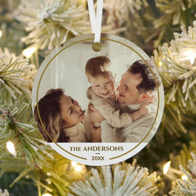 Elegant Modern Family Photo & Name Christmas Metal Tree Decoration (Insitu)
