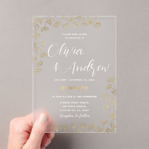 Elegant Modern Faux Gold and White floral Wedding Acrylic Invitations