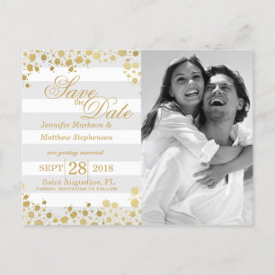 Elegant Modern Faux Gold Splatters and Stripes Announcement Postcard