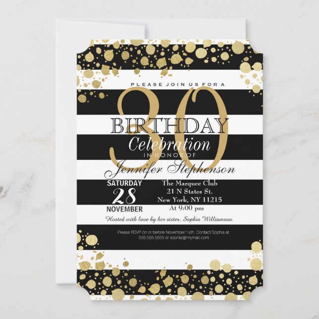 Elegant Modern Faux Gold Splatters and Stripes Invitation (Front)