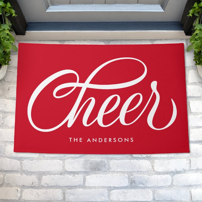 Elegant Modern Festive Red Script Cheer Christmas Doormat (Creator Uploaded)