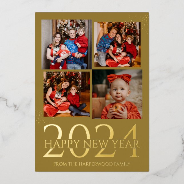 Elegant Modern Firework Happy New Year Four Photo Foil Holiday Card (Front)