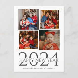 Elegant Modern Firework Happy New Year Four Photo Holiday Postcard