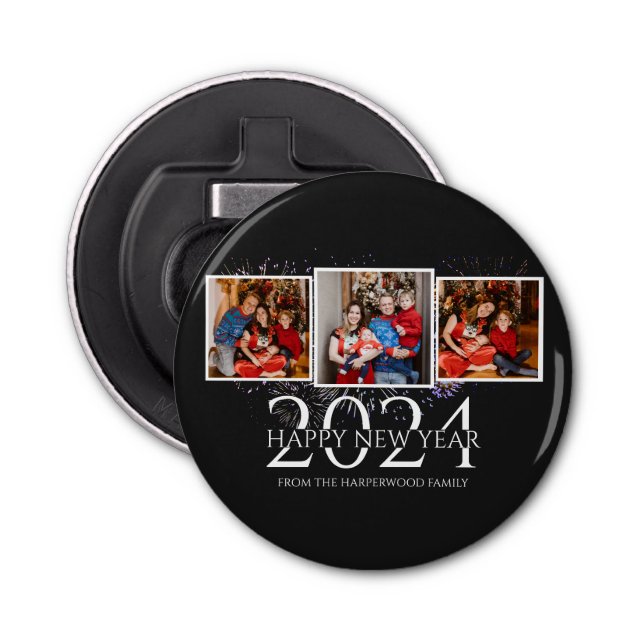 Elegant Modern Firework Happy New Year Three Photo Bottle Opener (Front)