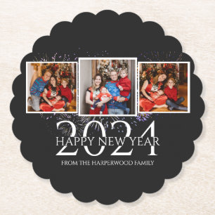 Elegant Modern Firework Happy New Year Three Photo Paper Coaster
