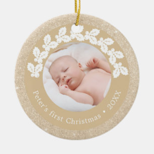 Elegant modern first Christmas baby photo custom Ceramic Tree Decoration