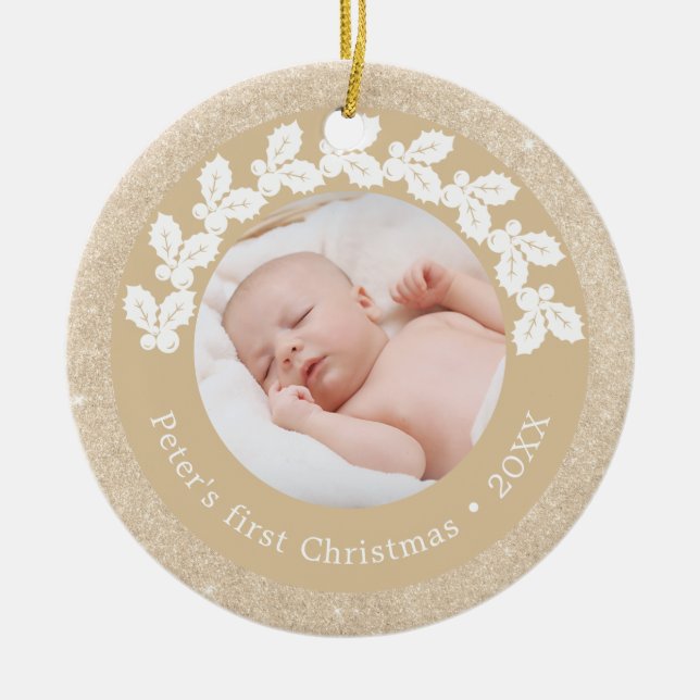 Elegant modern first Christmas baby photo custom Ceramic Tree Decoration (Front)