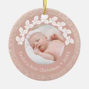 Elegant modern first Christmas baby photo custom Ceramic Tree Decoration