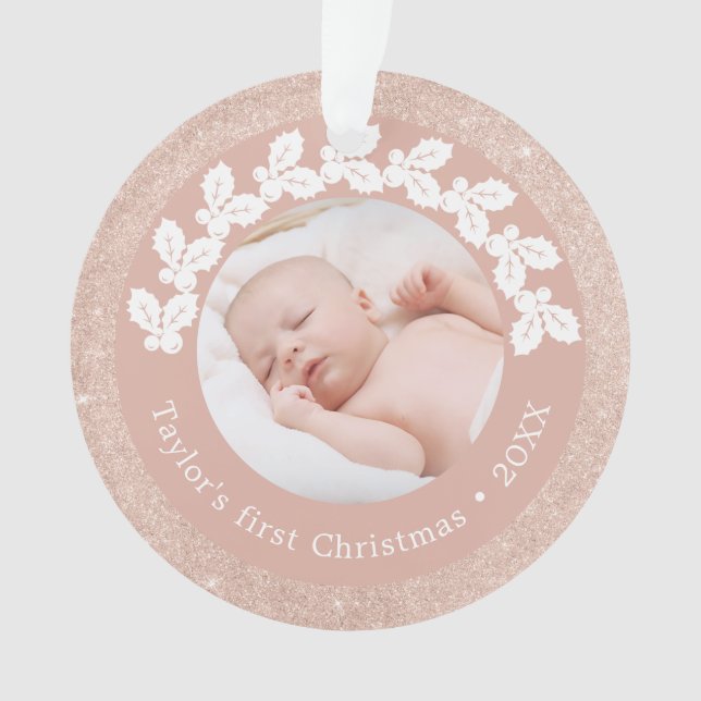 Elegant modern first Christmas baby photo custom Ornament (Front)