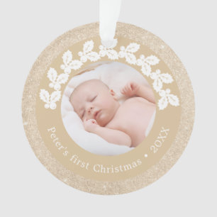 Elegant modern first Christmas baby photo custom Ornament