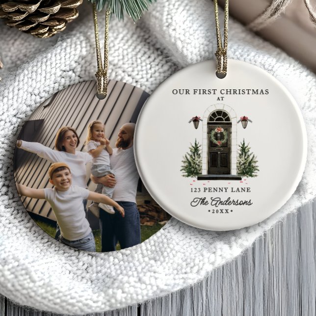 Elegant Modern First Christmas In A New Home Photo Ceramic Tree Decoration (Creator Uploaded)