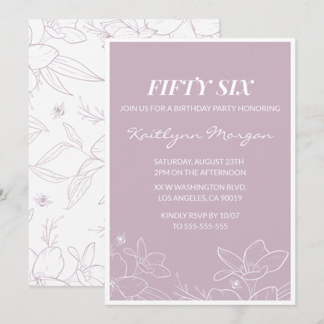Elegant Modern Floral 56th birthday invitations (Front/Back)