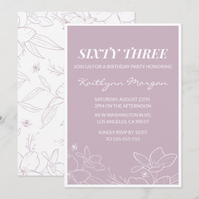Elegant Modern Floral 63rd birthday invitations (Front/Back)