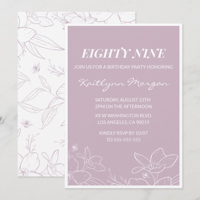 Elegant Modern Floral 89th birthday invitations (Front/Back)