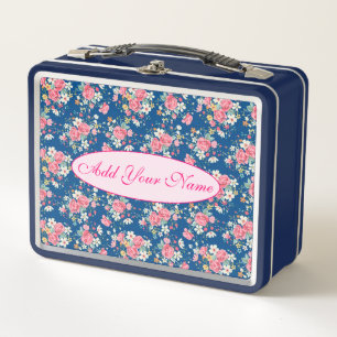 Elegant Modern Floral Add Your Text Metal Lunch Box