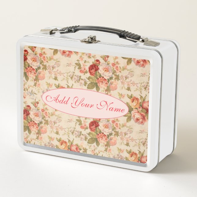 Elegant Modern Floral Add Your Text Metal Lunch Box (Front)