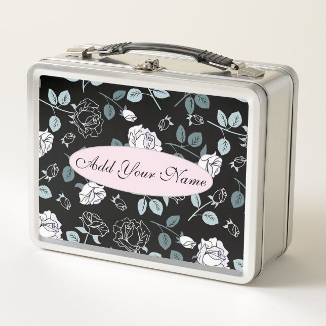 Elegant Modern Floral Add Your Text Metal Lunch Box (Front)
