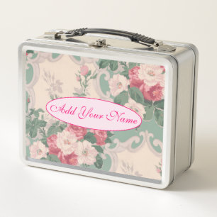 Elegant Modern Floral Add Your Text Metal Lunch Box
