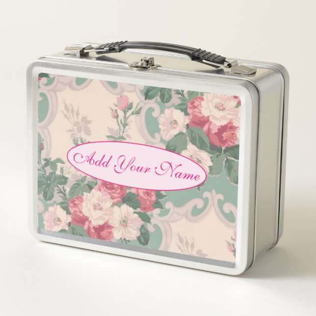 Elegant Modern Floral Add Your Text Metal Lunch Box (Front)
