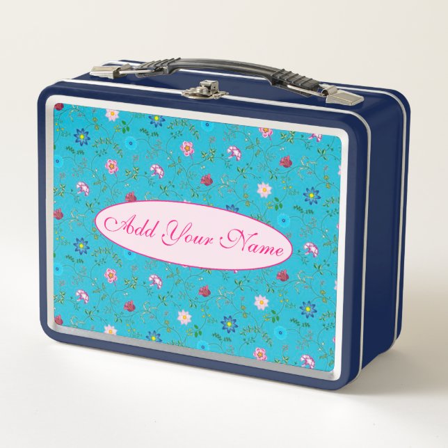 Elegant Modern Floral Add Your Text Metal Lunch Box (Front)