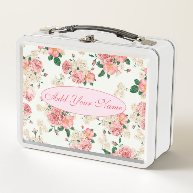 Elegant Modern Floral Add Your Text Metal Lunch Box (Front)