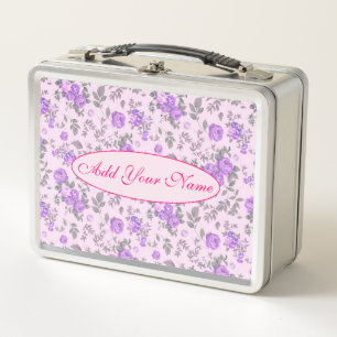 Elegant Modern Floral Add Your Text Metal Lunch Box