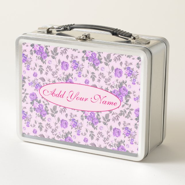 Elegant Modern Floral Add Your Text Metal Lunch Box (Front)