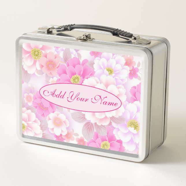 Elegant Modern Floral Add Your Text Metal Lunch Box (Front)