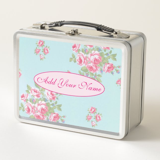 Elegant Modern Floral Add Your Text Metal Lunch Box (Front)