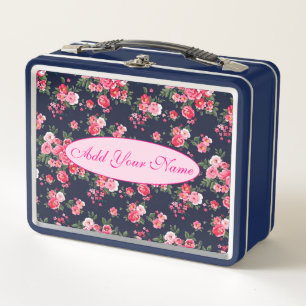 Elegant Modern Floral Add Your Text Metal Lunch Box