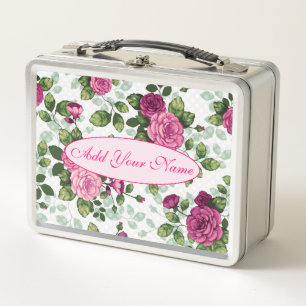 Elegant Modern Floral Add Your Text Metal Lunch Box