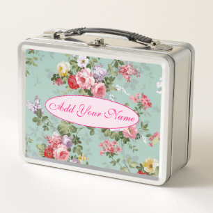 Elegant Modern Floral Add Your Text Metal Lunch Box