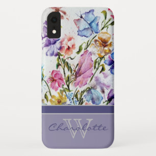 Elegant Modern Floral and Butterfly Monogram Name iPhone XR Case