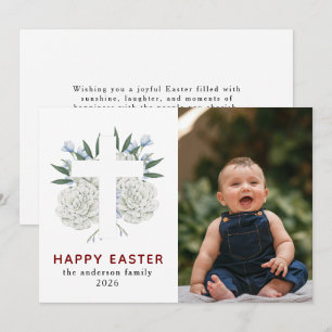 Elegant Modern Floral and Cross Happy Easter Photo Holiday Card