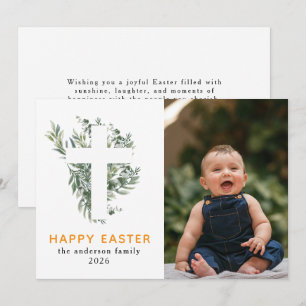 Elegant Modern Floral and Cross Happy Easter Photo Holiday Card