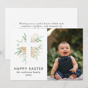 Elegant Modern Floral and Cross Happy Easter Photo Holiday Card