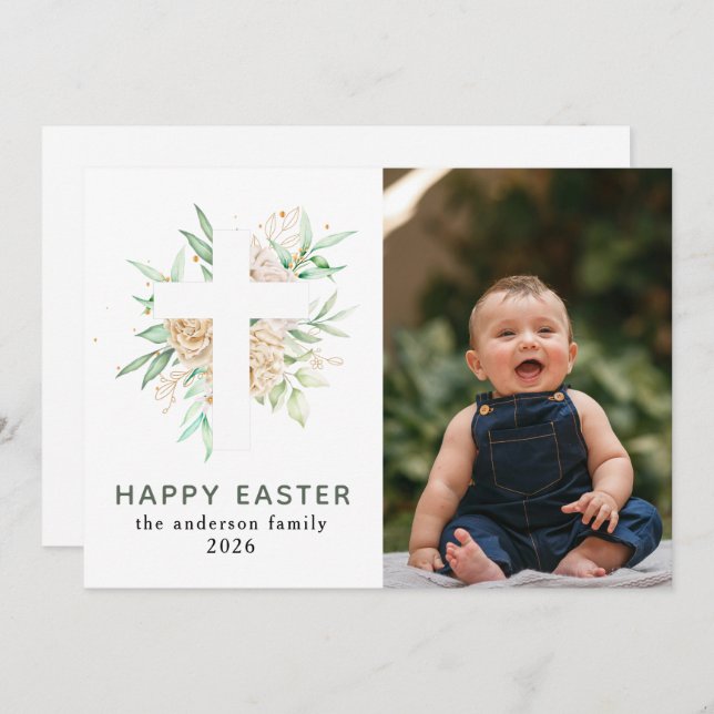 Elegant Modern Floral and Cross Happy Easter Photo Holiday Card (Front/Back)